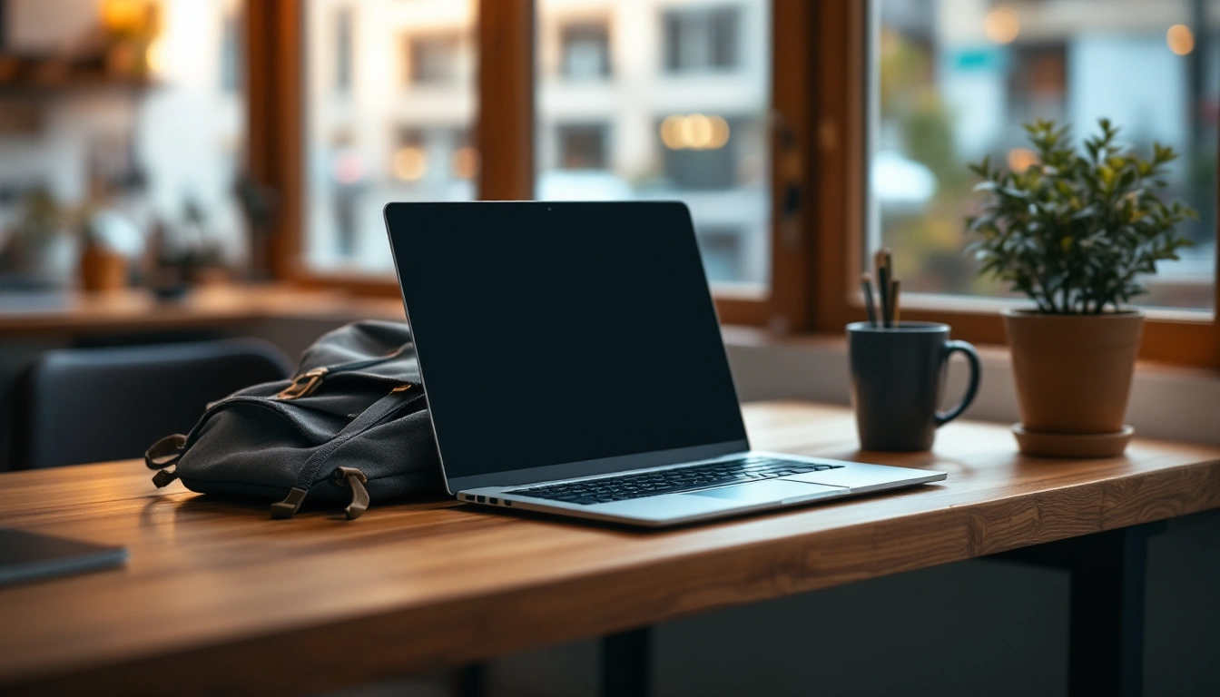 Compact laptop beside a grey backpack on a wooden desk by a window