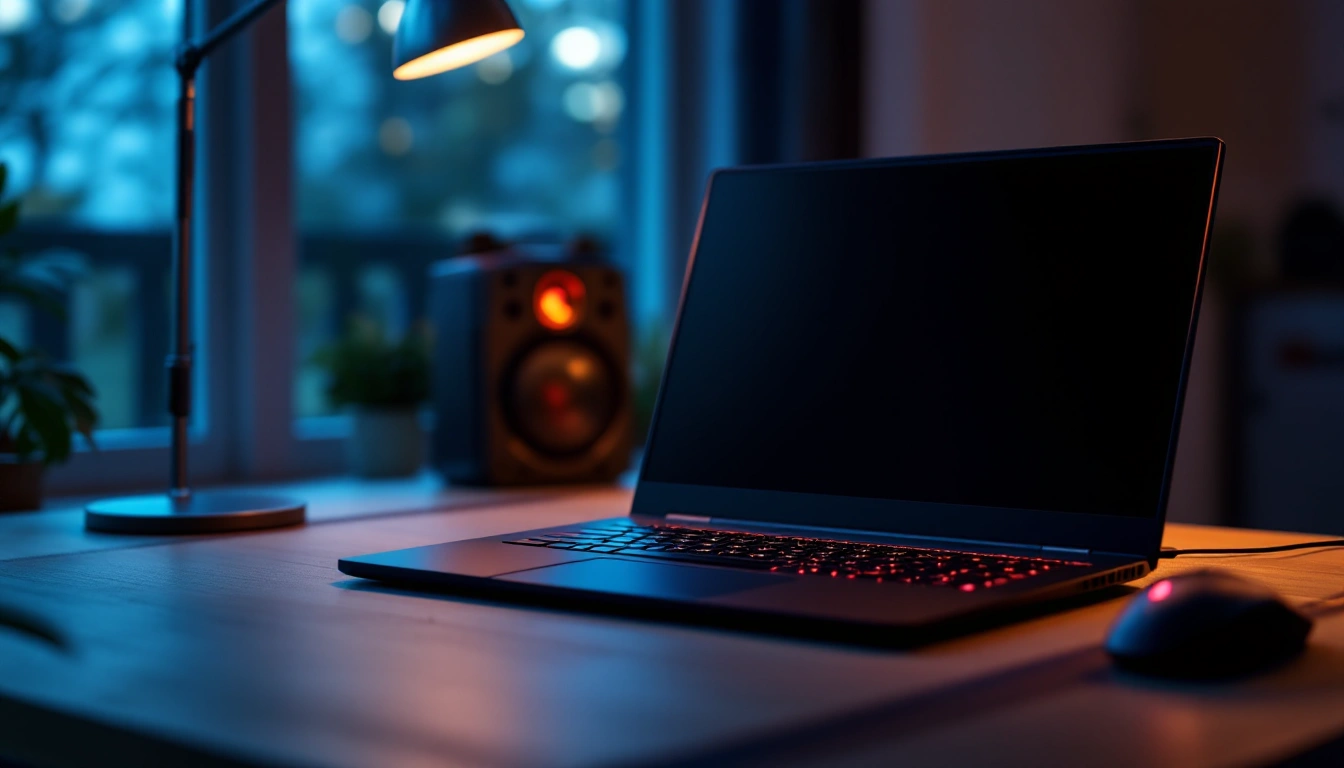 Large 16-inch gaming laptop open on a wide desk with a mouse and lamp