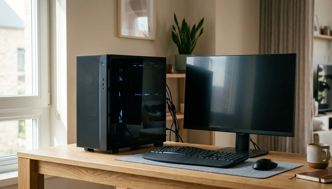 A black desktop tower beside a monitor on a home desk by a window