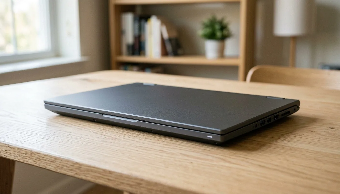 A closed grey gaming laptop on a light wooden desk