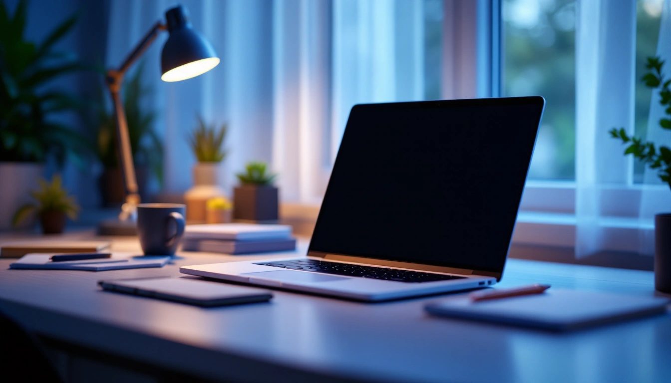 Simple laptop on a dorm desk with notebooks and a pen