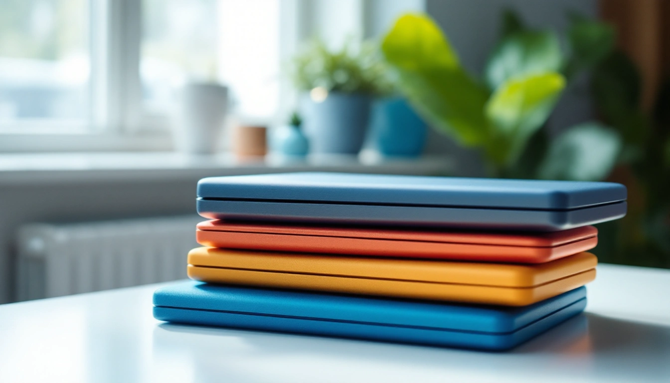 Three closed laptops of different colors stacked on a white table
