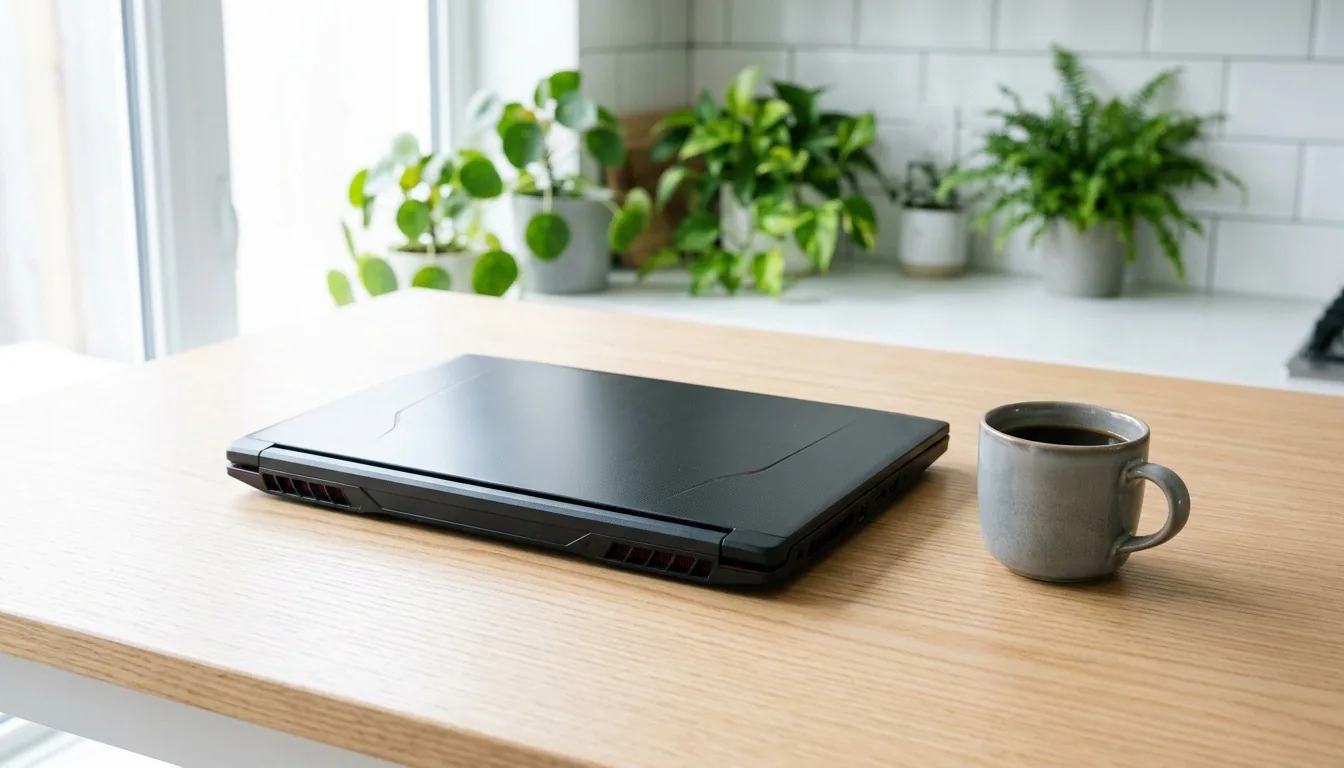 A closed black gaming laptop beside a coffee mug on a kitchen table