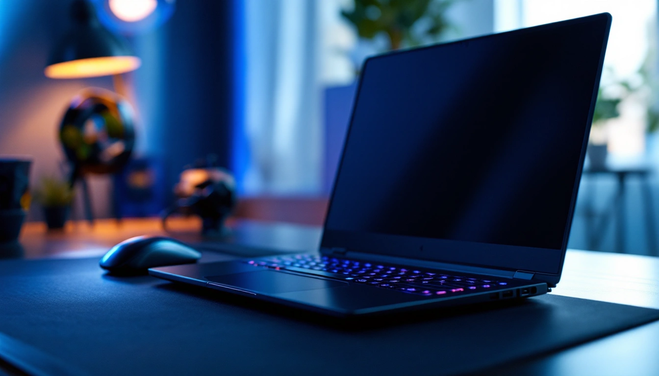 Gaming laptop with a wired mouse and mousepad on a dark wooden desk