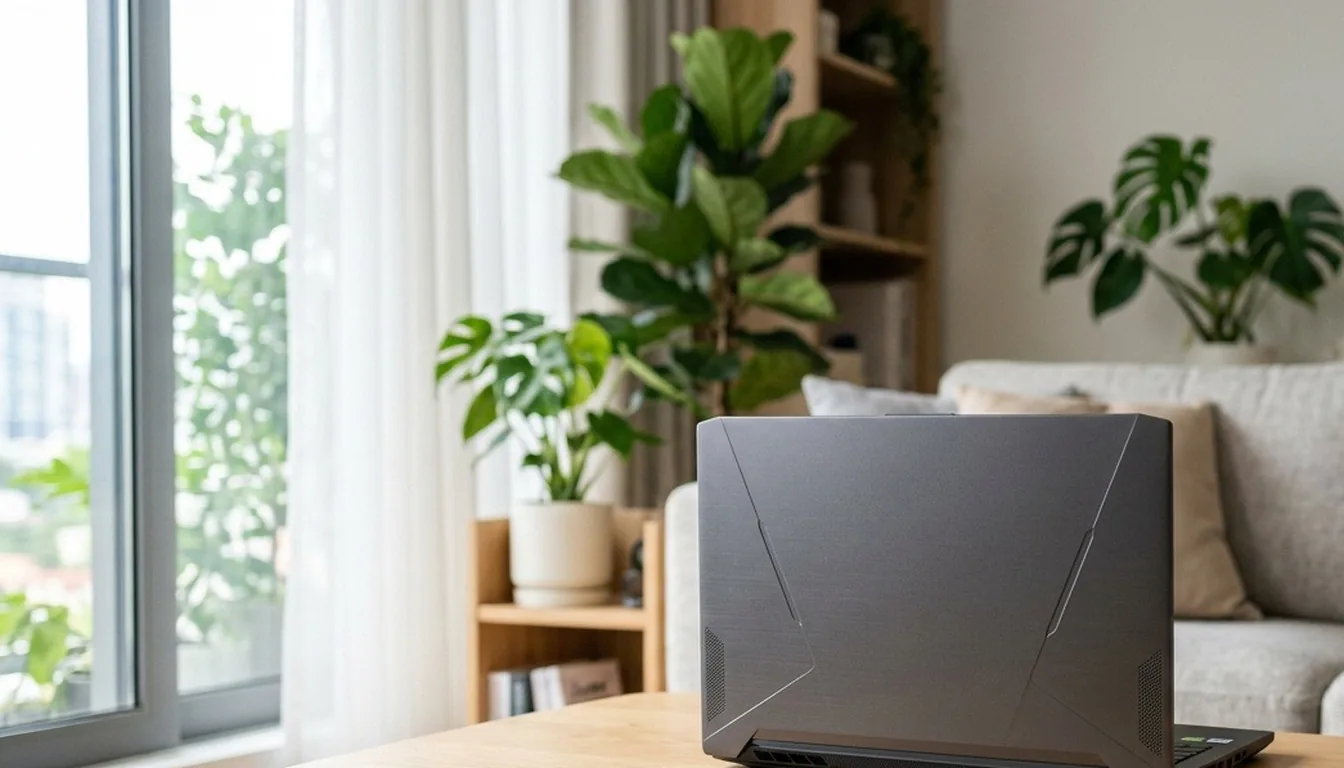 A grey gaming laptop on a coffee table in a bright living room