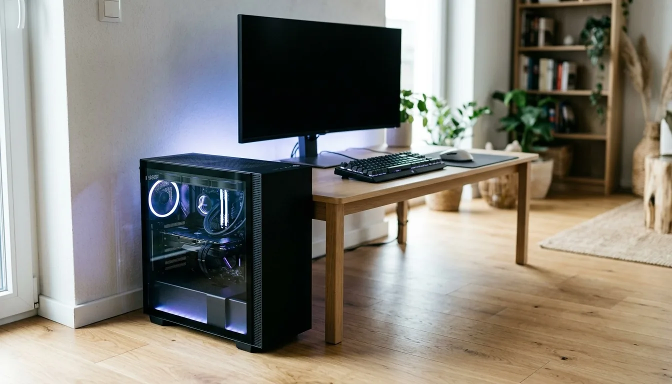 A mid-tower gaming PC with a glass side panel beside a desk and monitor