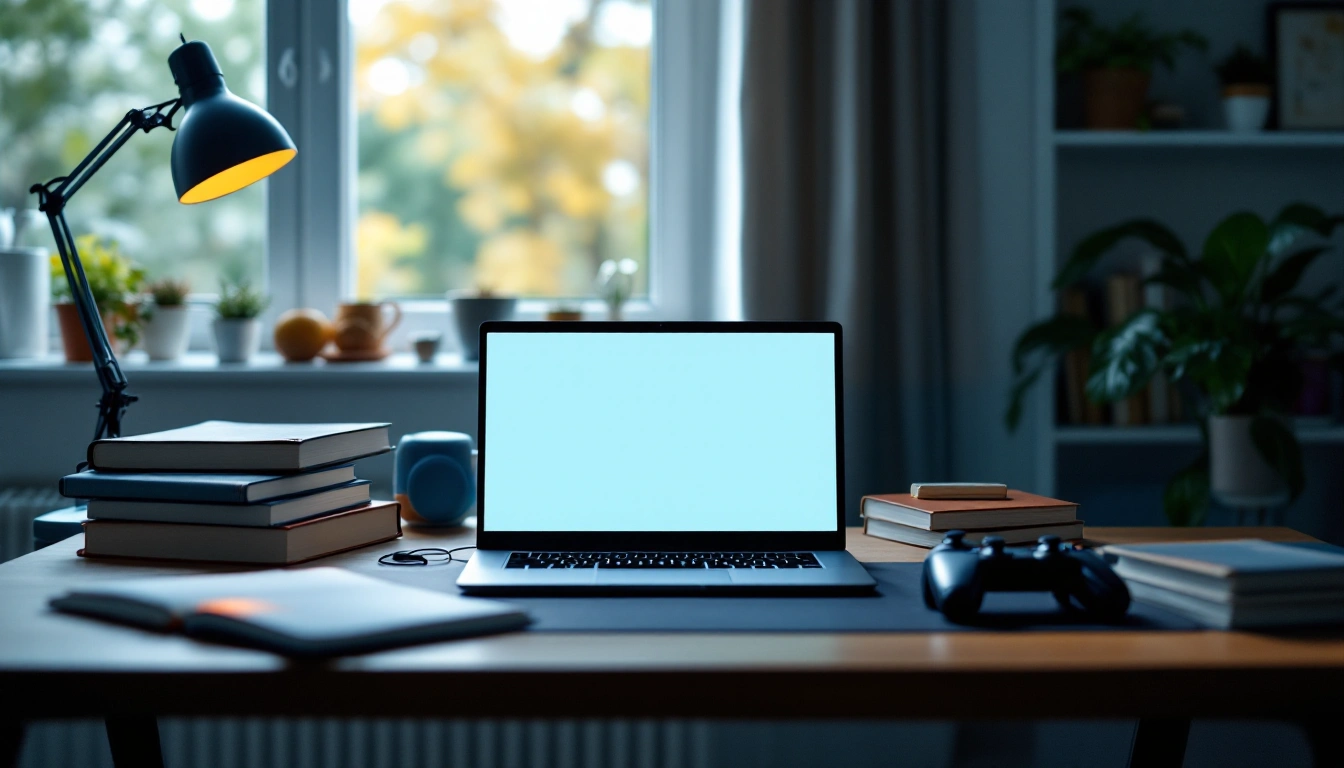 Gaming laptop on a dorm desk between textbooks and a controller