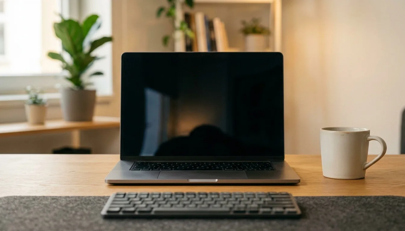 A slim laptop with an external keyboard and a coffee mug on a desk