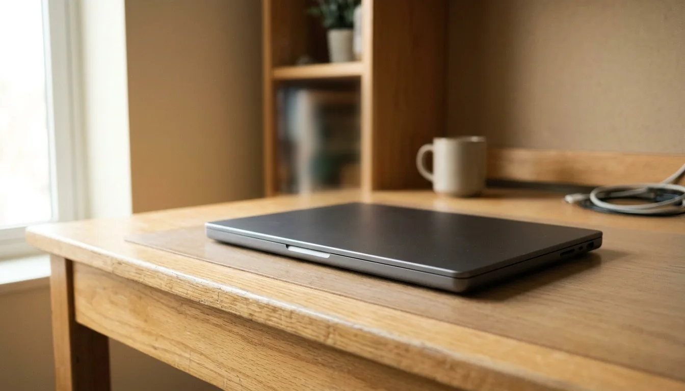 A closed laptop and a coffee mug on a study desk by a window