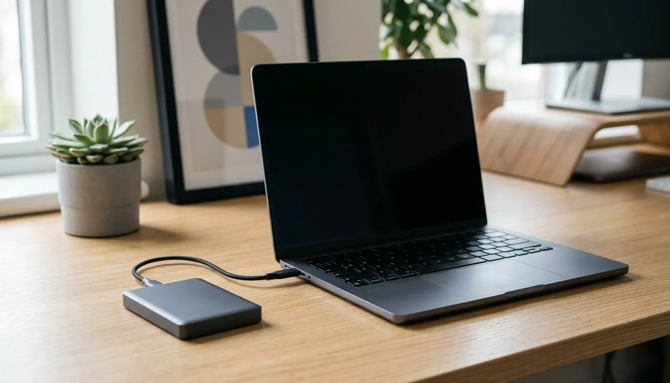 A laptop connected to an external drive on an editing desk