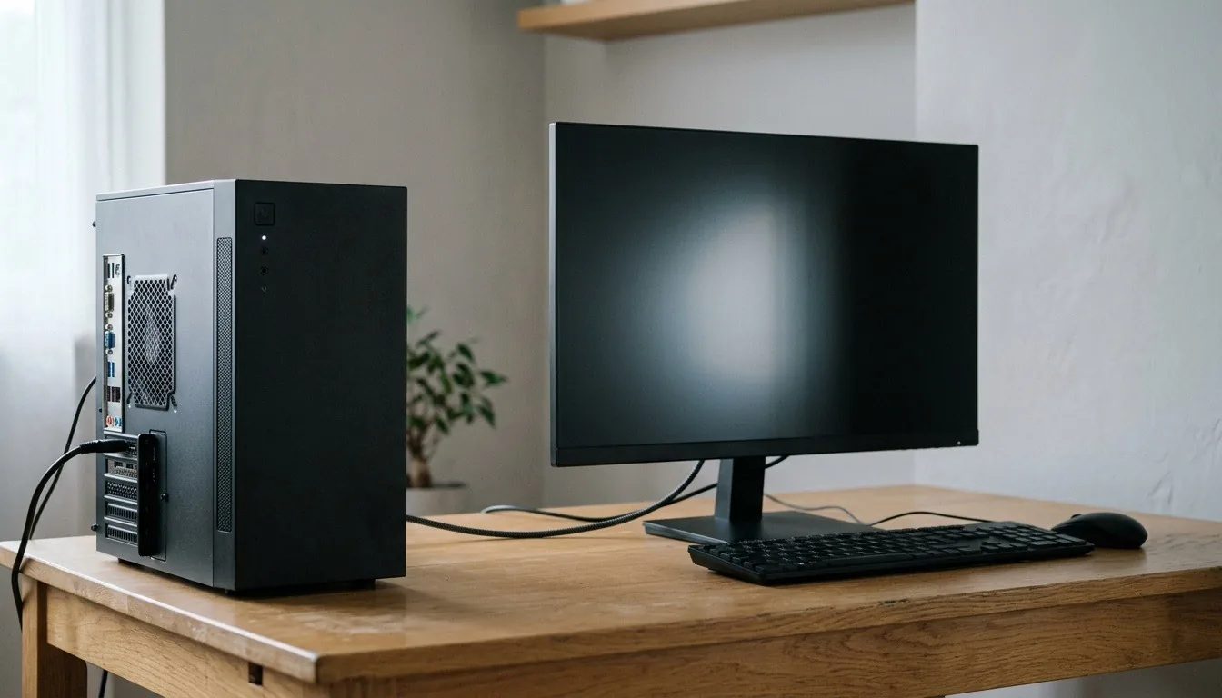 A small desktop tower beside a monitor and keyboard on a simple desk