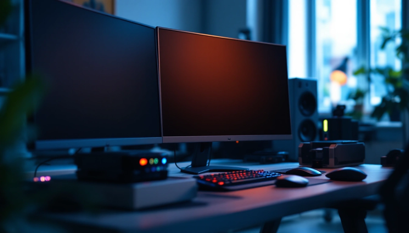 Desk with two monitors and small PC hardware boxes