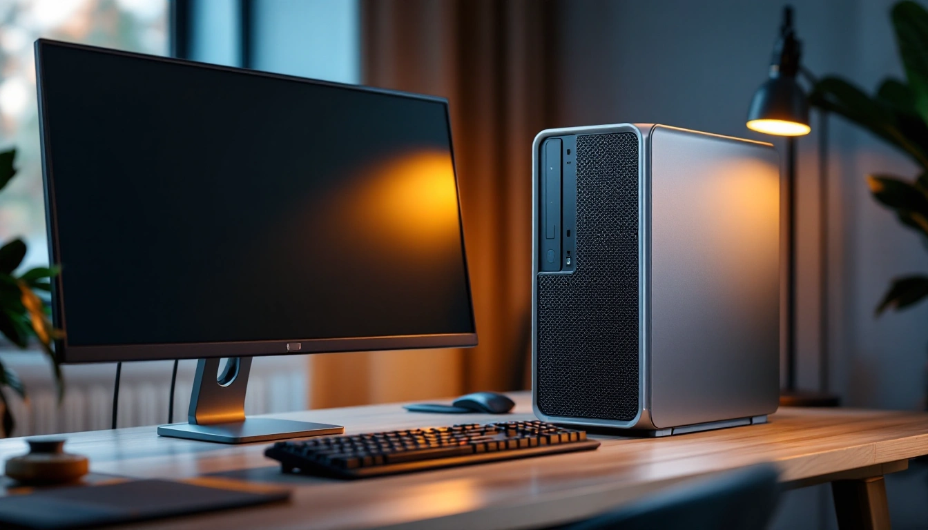 Silver desktop tower with a mesh front next to a monitor and keyboard