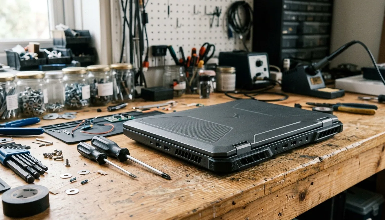 A rugged grey laptop closed on a workshop bench among tools