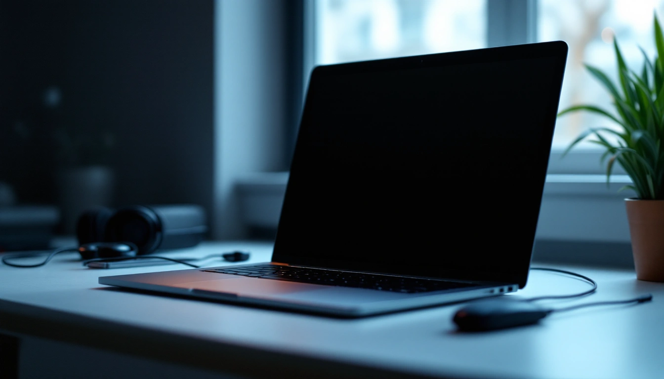 Basic laptop on a plain desk with wired headphones