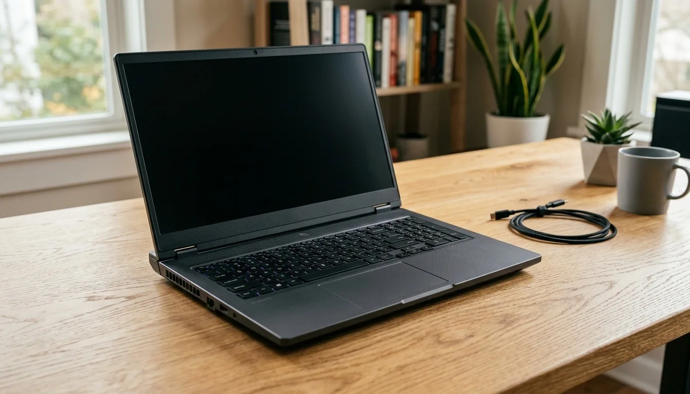 A gaming laptop on a desk in front of a desktop monitor