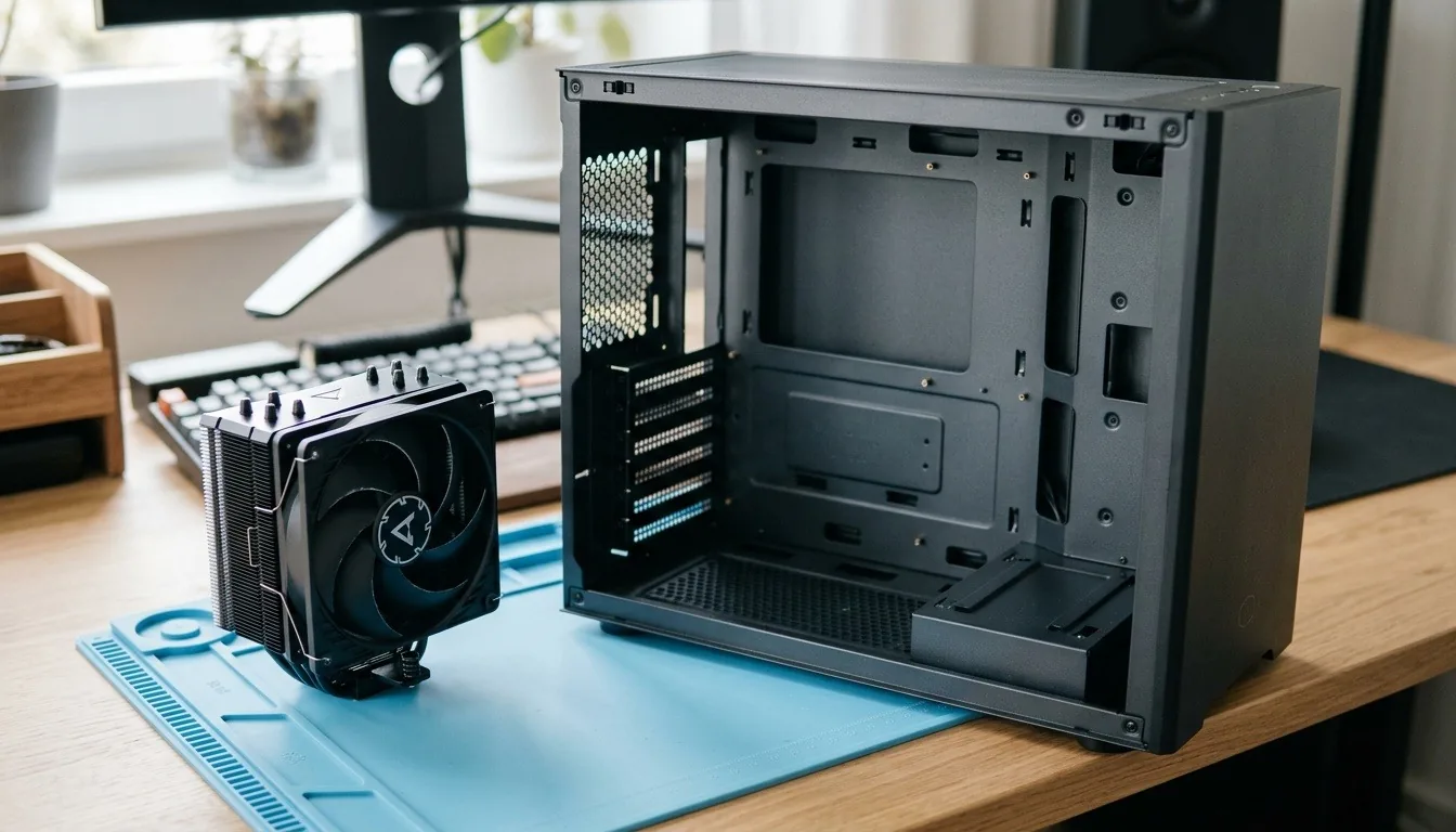An open PC case and a CPU cooler on a blue anti-static mat