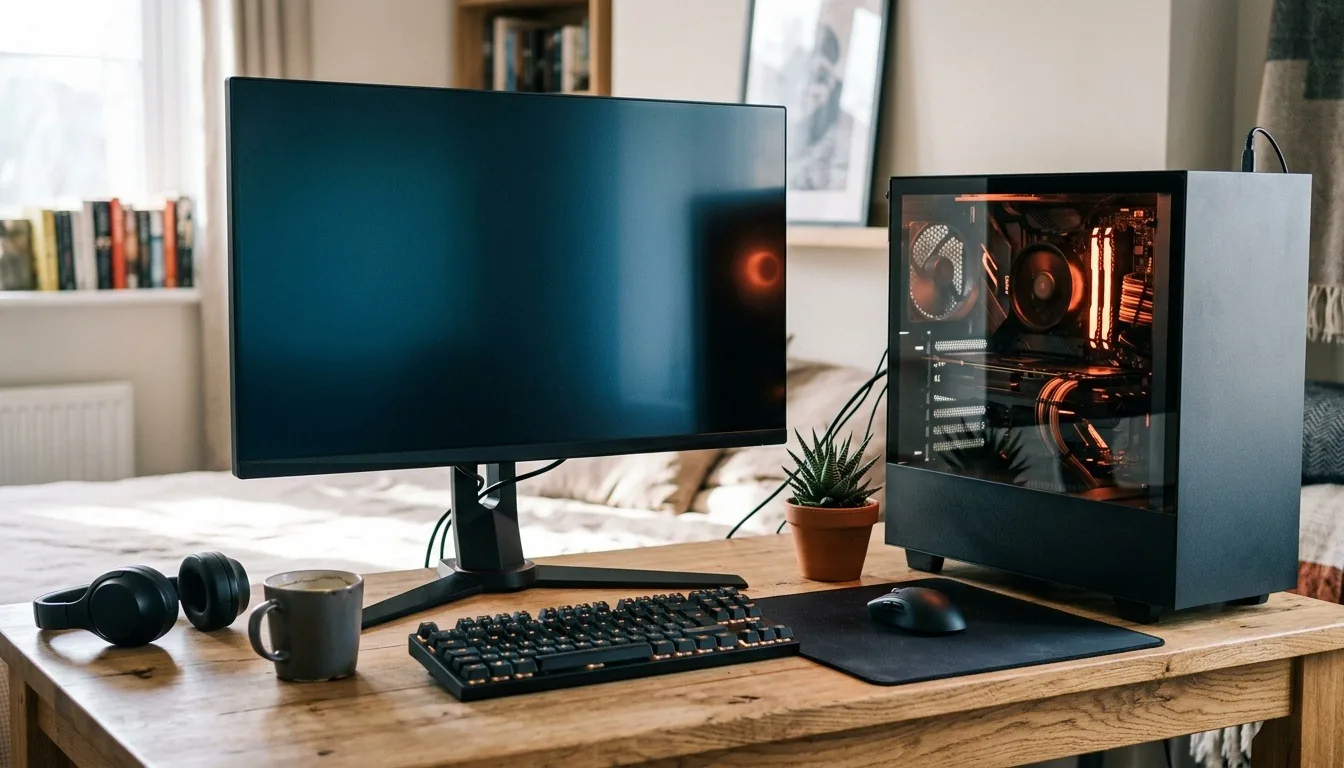 A gaming PC with a monitor, keyboard, mouse and headphones set up on a desk