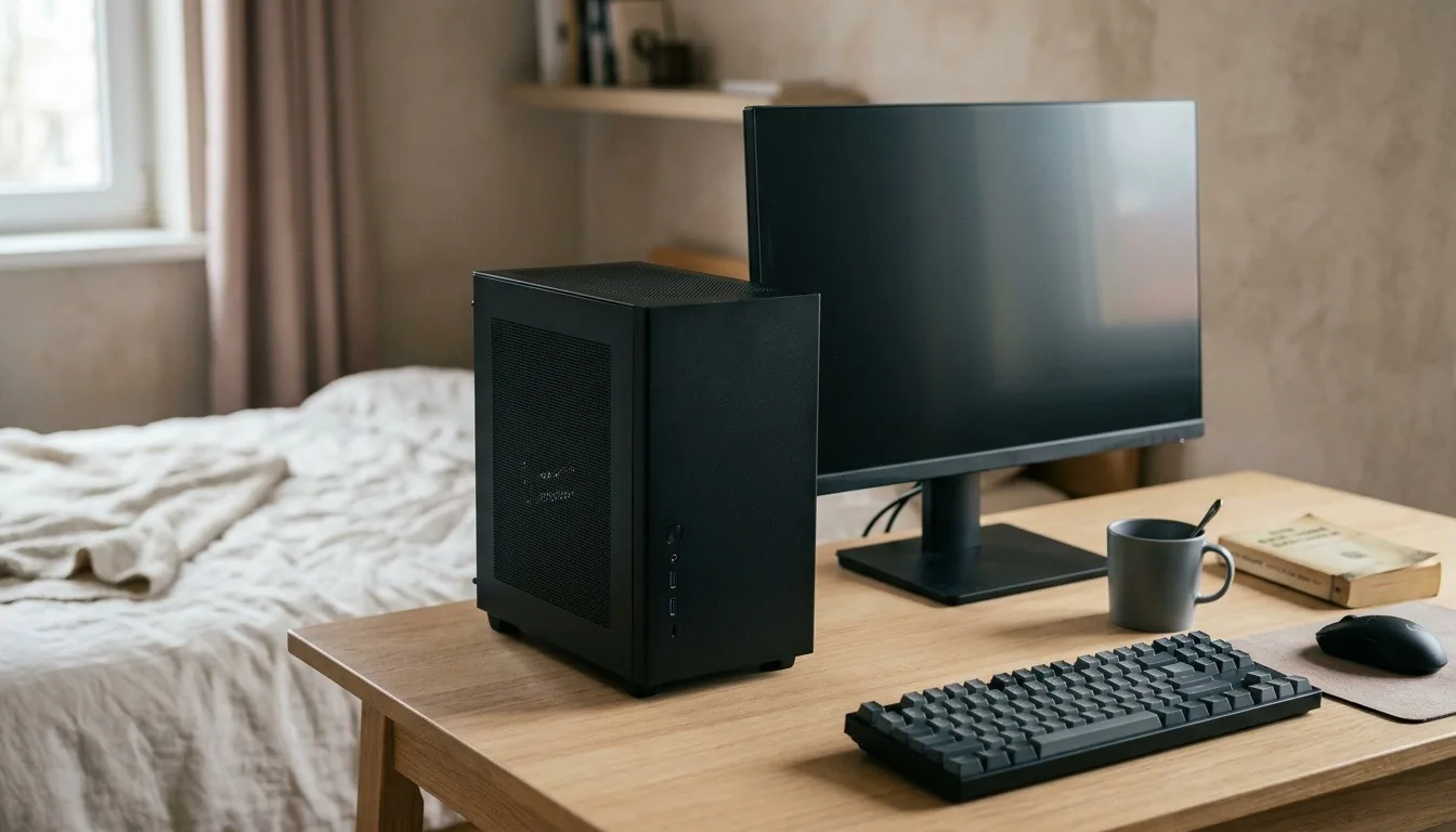 A small black gaming tower beside a monitor on a bedroom desk