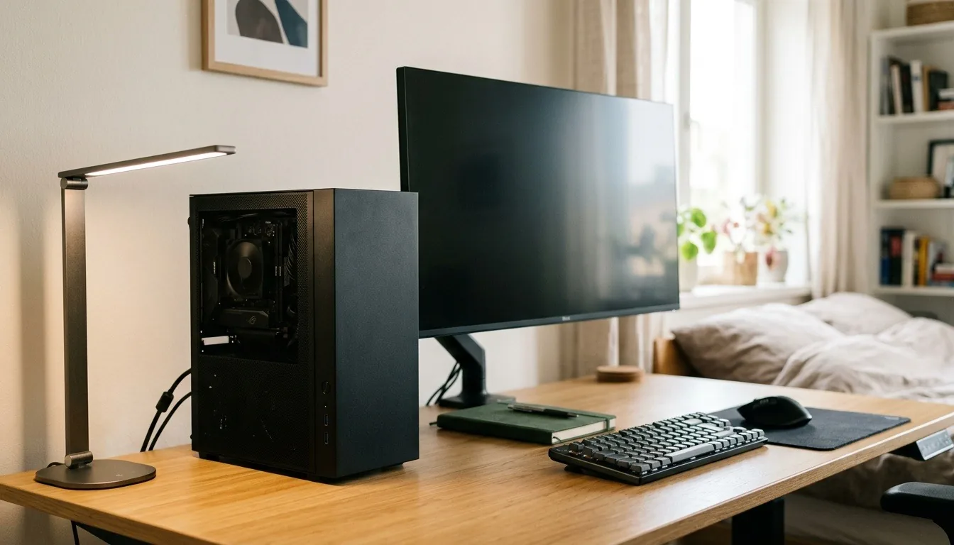 A compact gaming tower next to a monitor and desk lamp in a bedroom