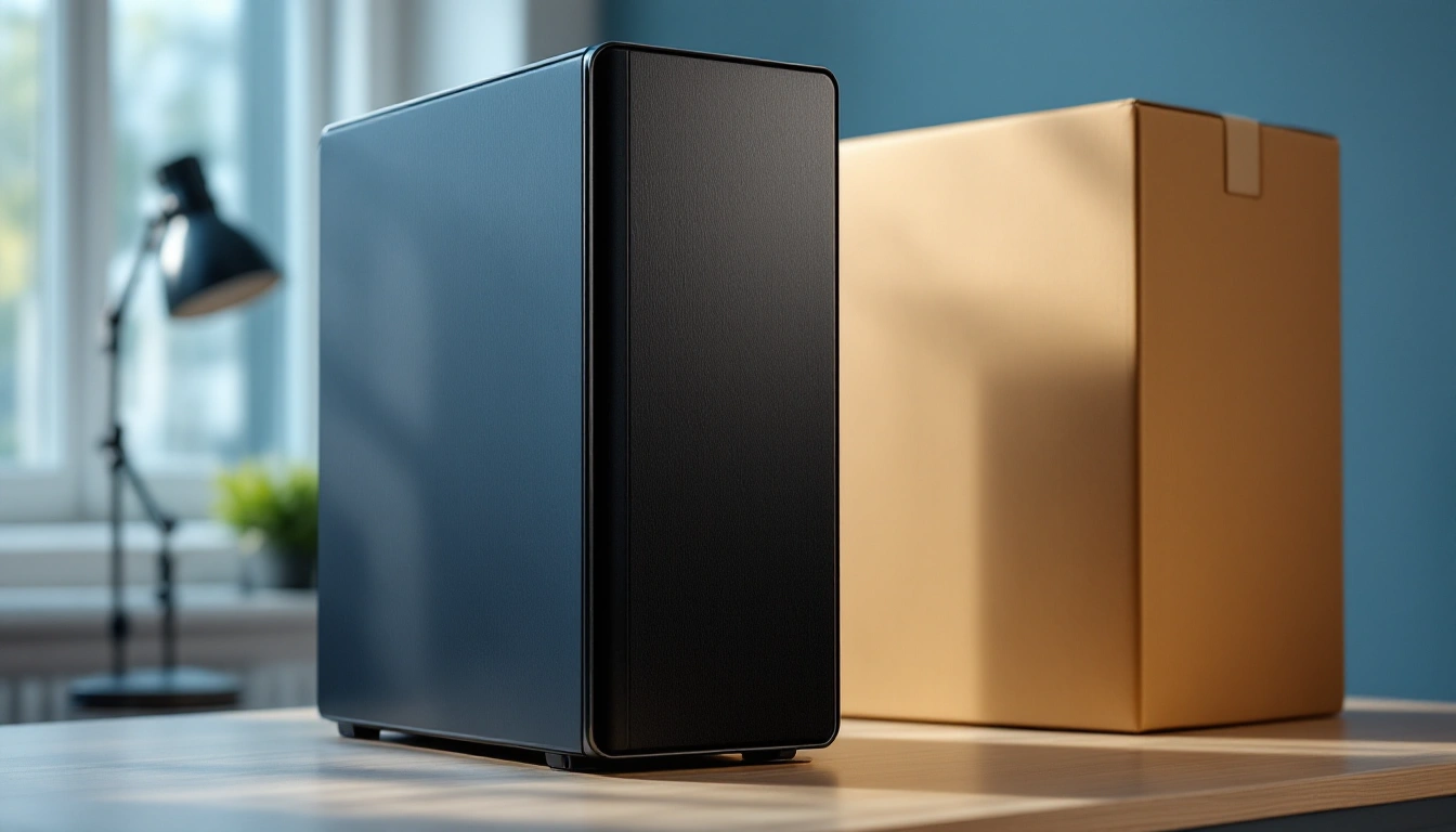 Prebuilt desktop tower on a desk with its box behind it