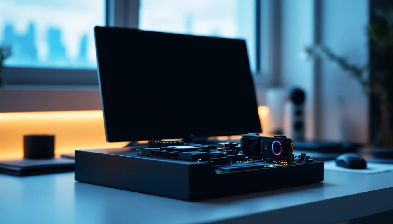 Motherboard with components installed on a desk in front of a monitor