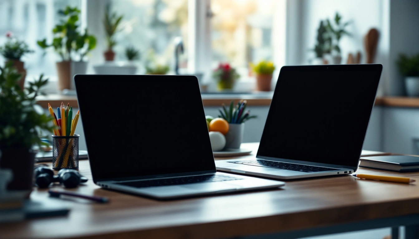 Two laptops on a kitchen table with school supplies