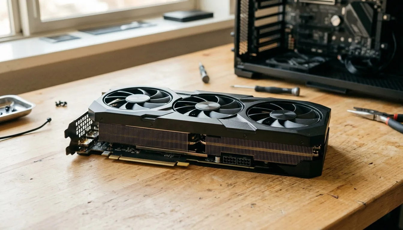A graphics card on a workbench in front of an open PC case