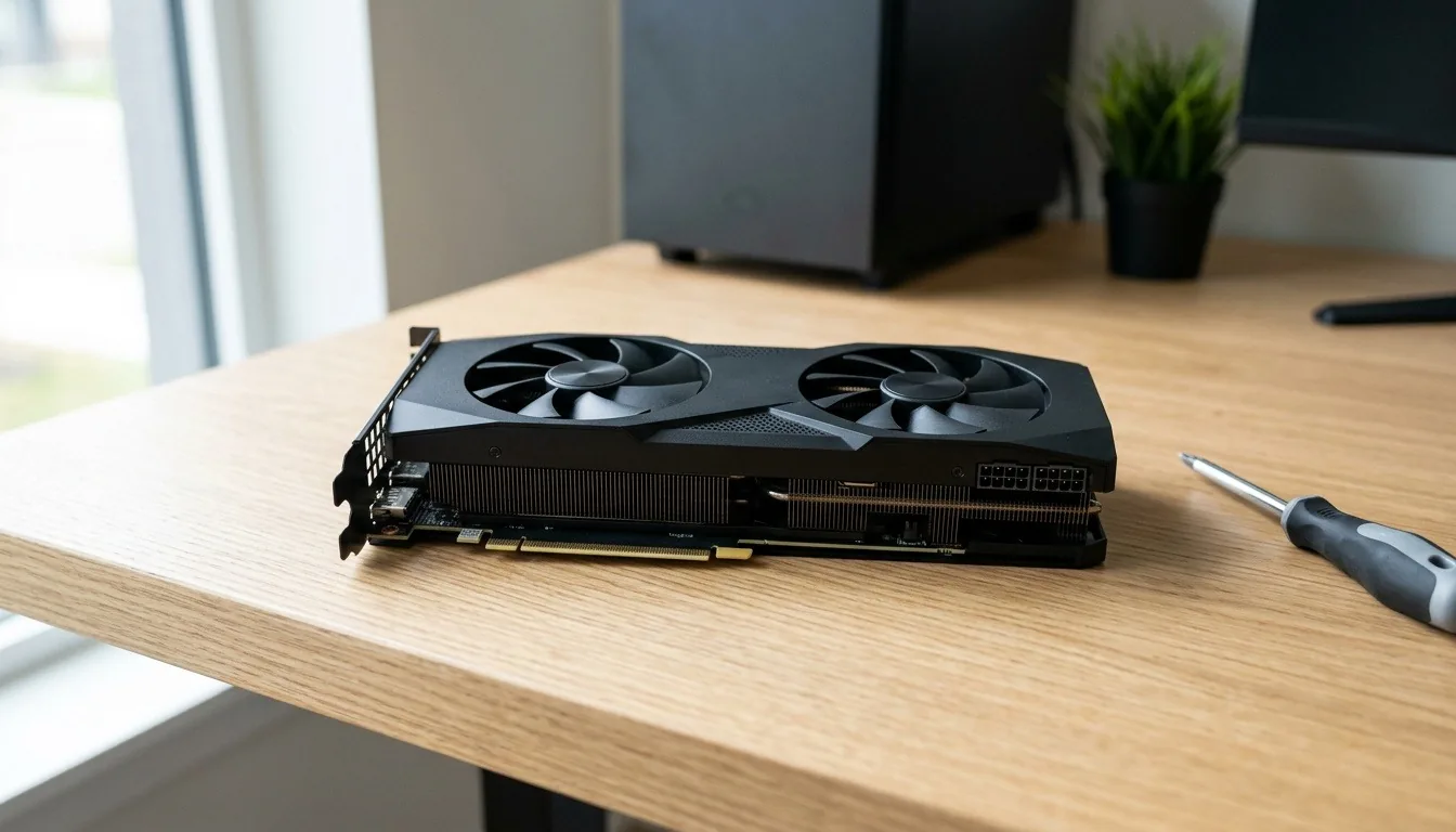 A graphics card and a screwdriver on a desk ready for a PC build