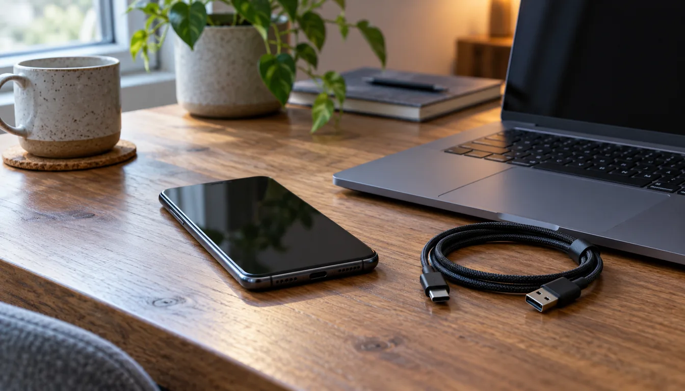A smartphone beside a laptop and USB cable
