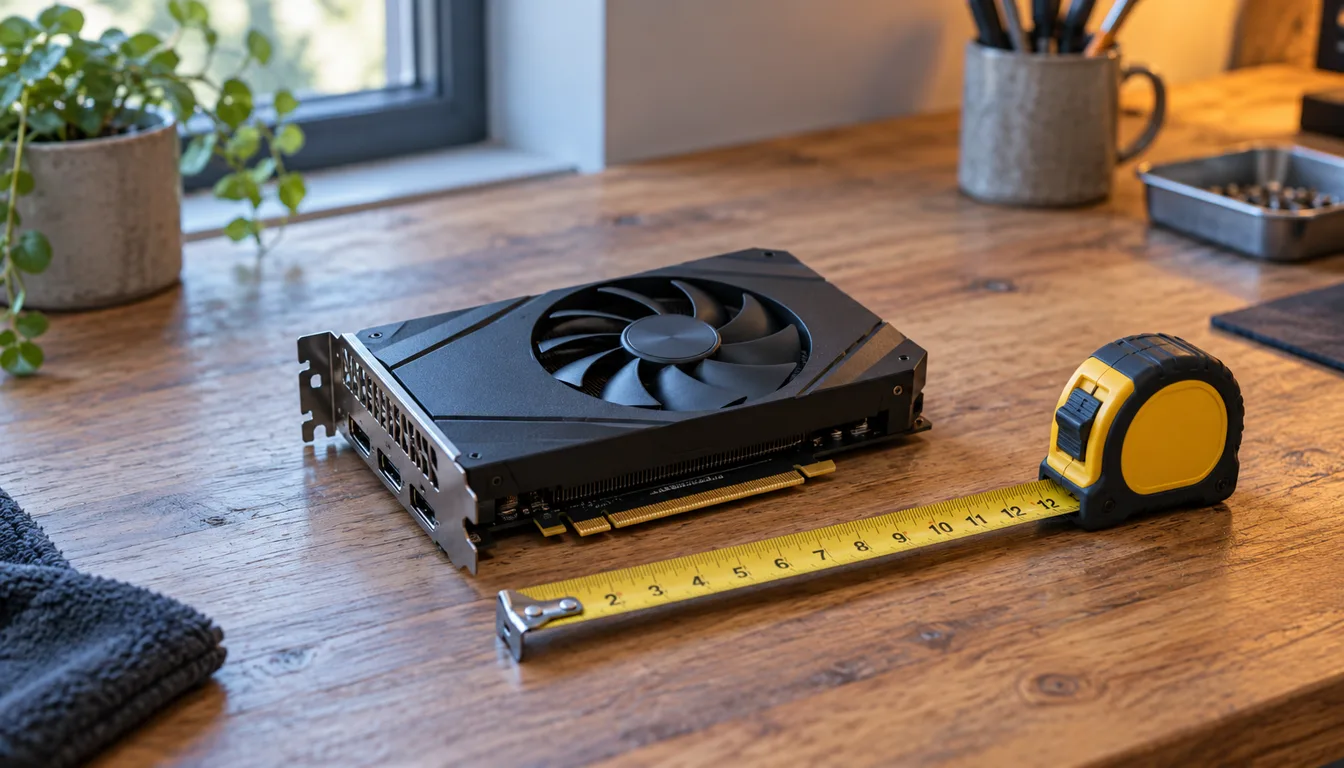 A compact graphics card beside a tape measure