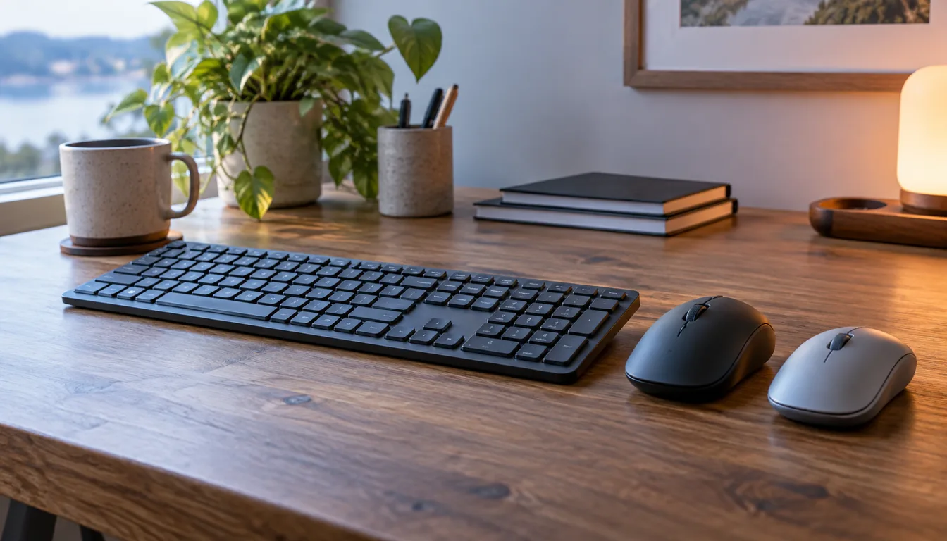 A keyboard and two mice on a desk
