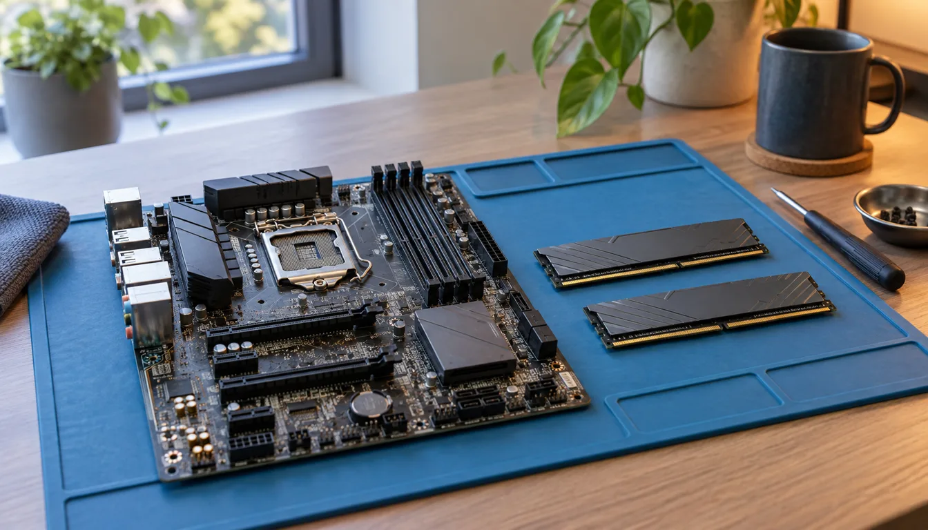 A motherboard beside two memory sticks