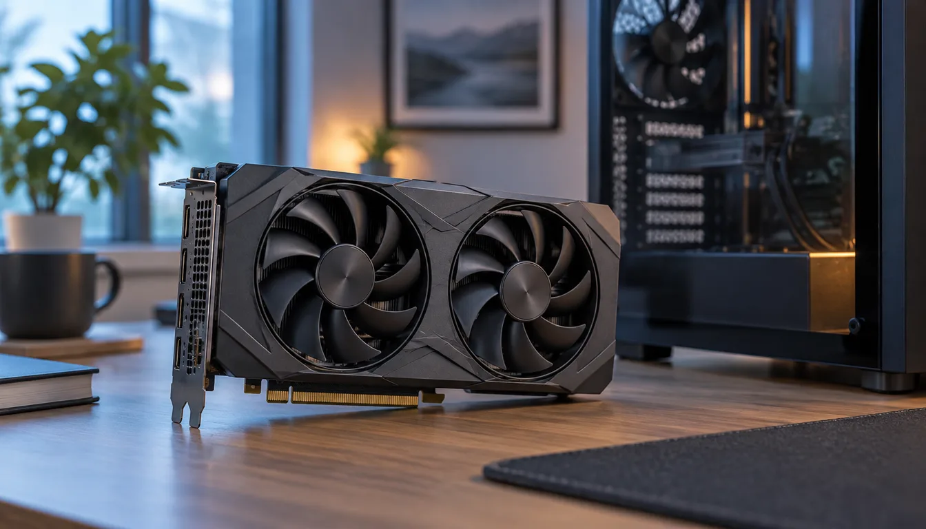 A graphics card next to a desktop case