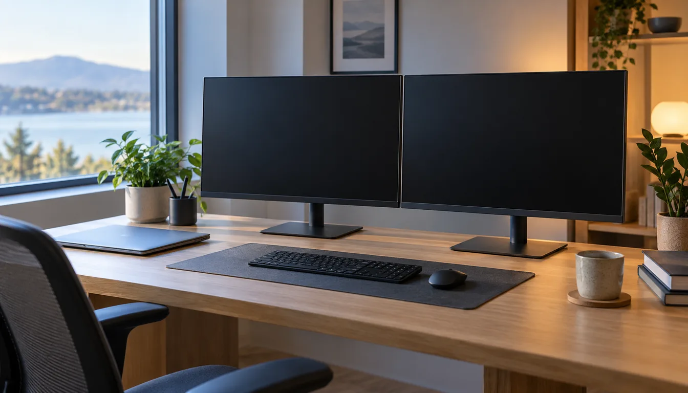 Two monitors on a desk beside a closed laptop