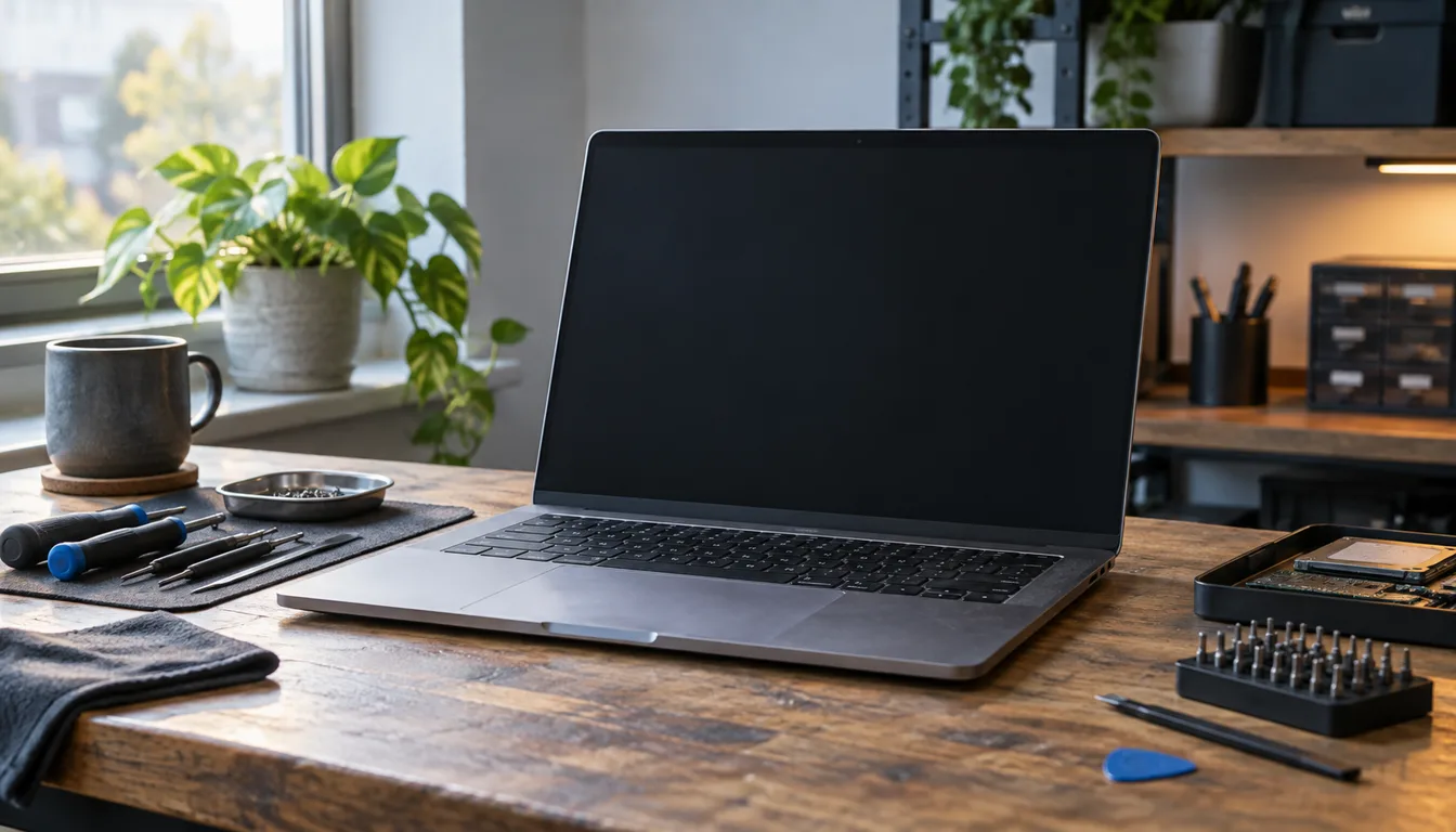 An older laptop on a repair workbench