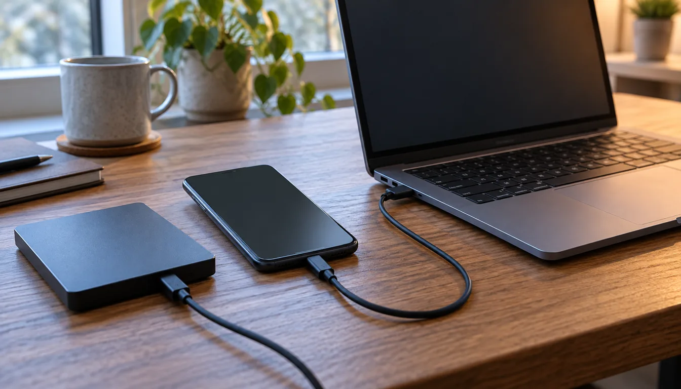 A smartphone connected to a laptop beside an external drive