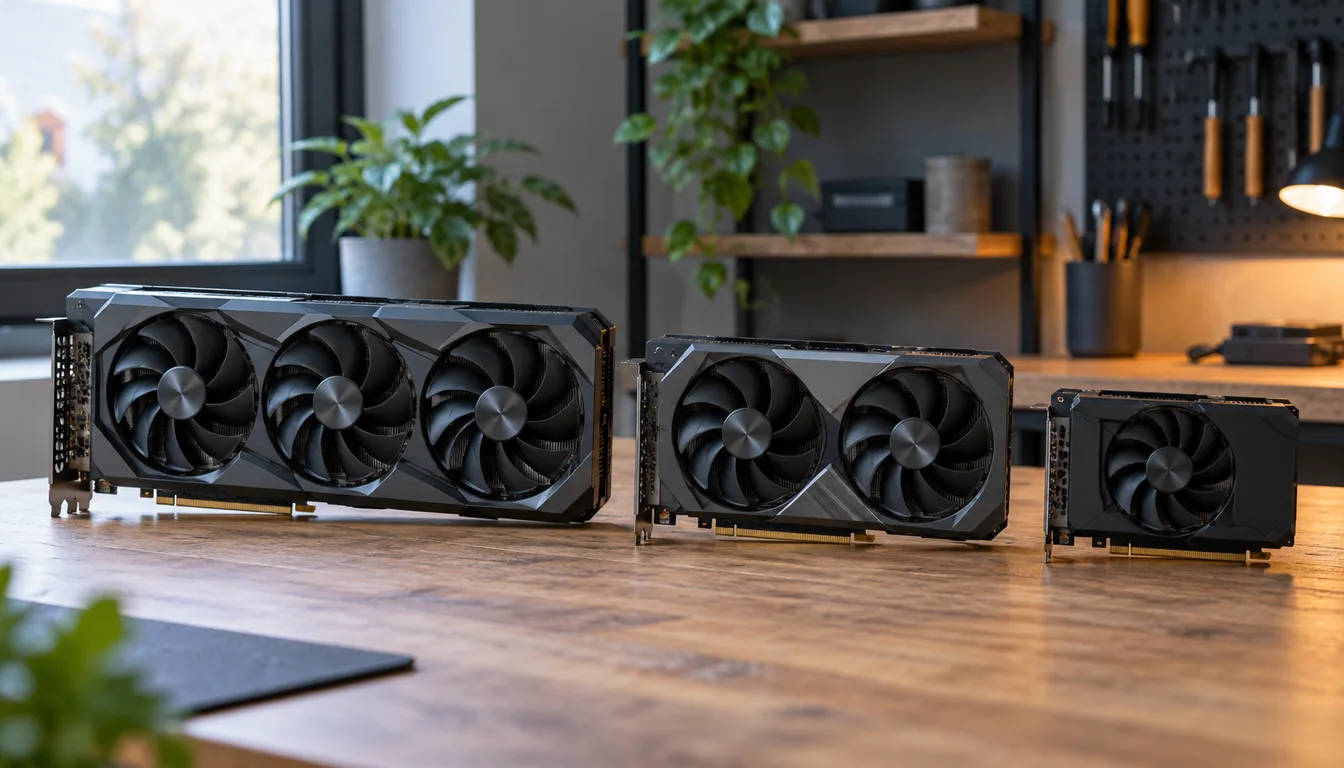 Three graphics cards of different sizes