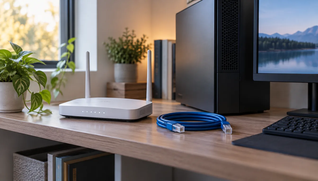 A wireless router and Ethernet cable near a PC