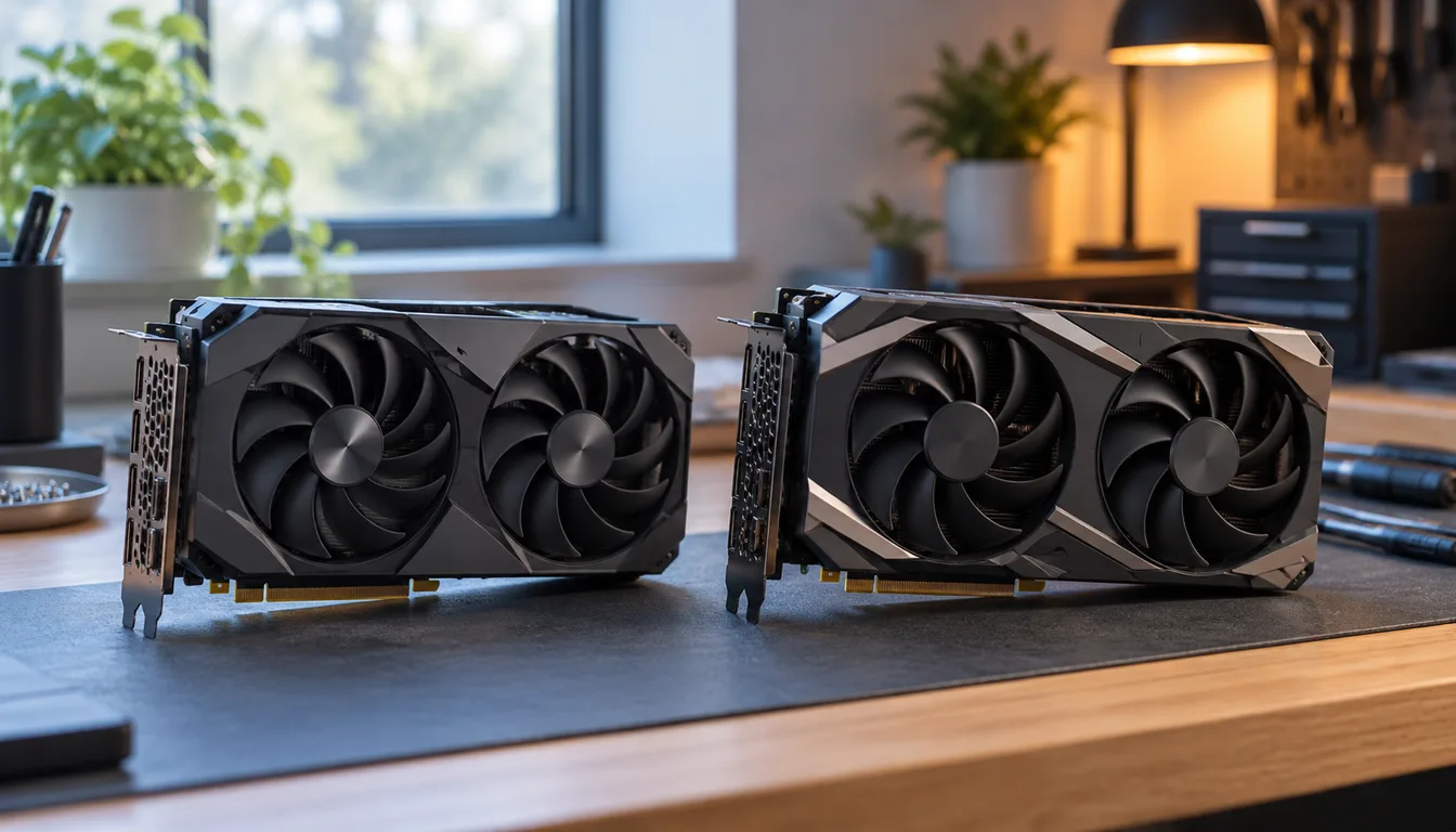 Two unbranded graphics cards on a workbench