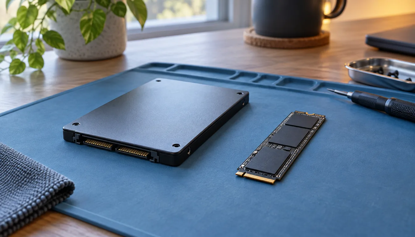 SATA and M.2 storage drives on a workbench