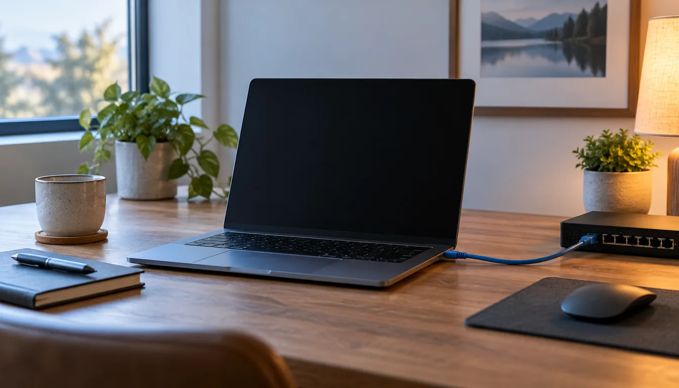 A laptop with an Ethernet connection