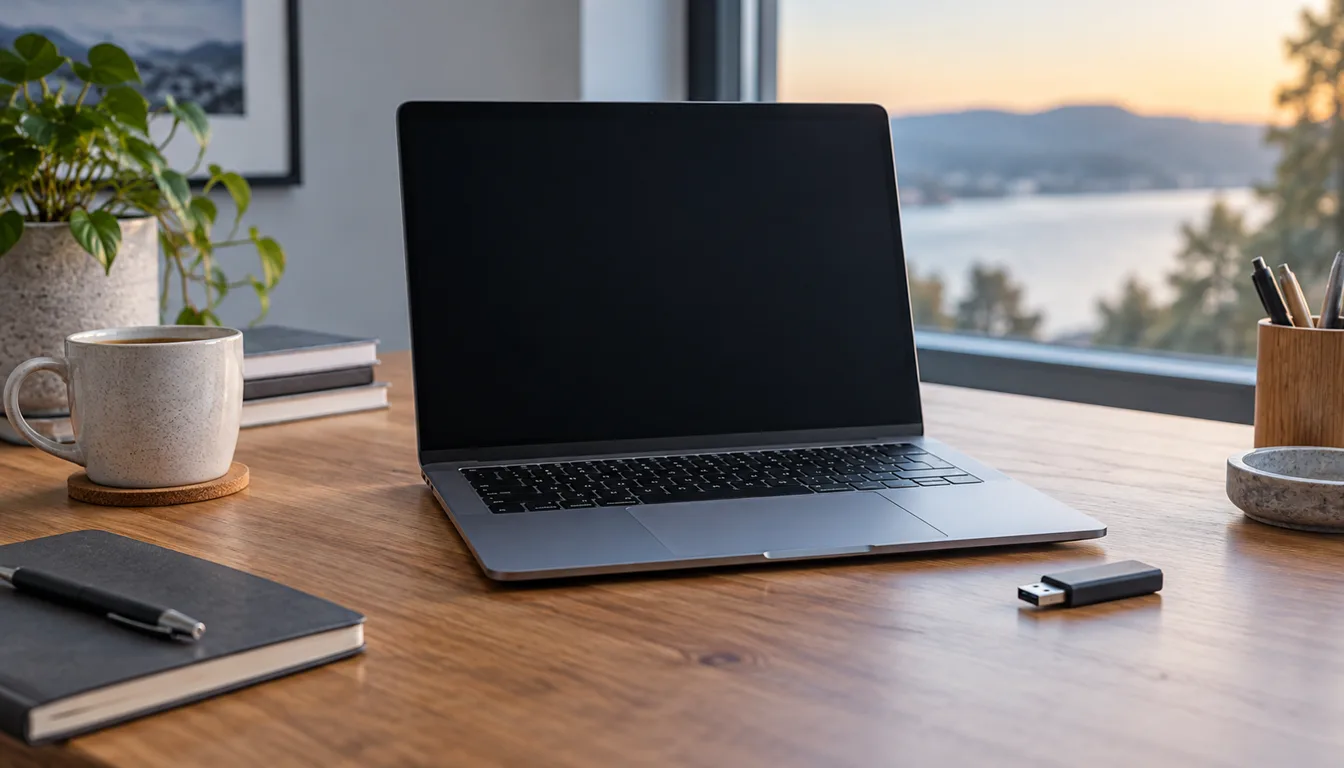 A laptop and USB installation drive on a desk