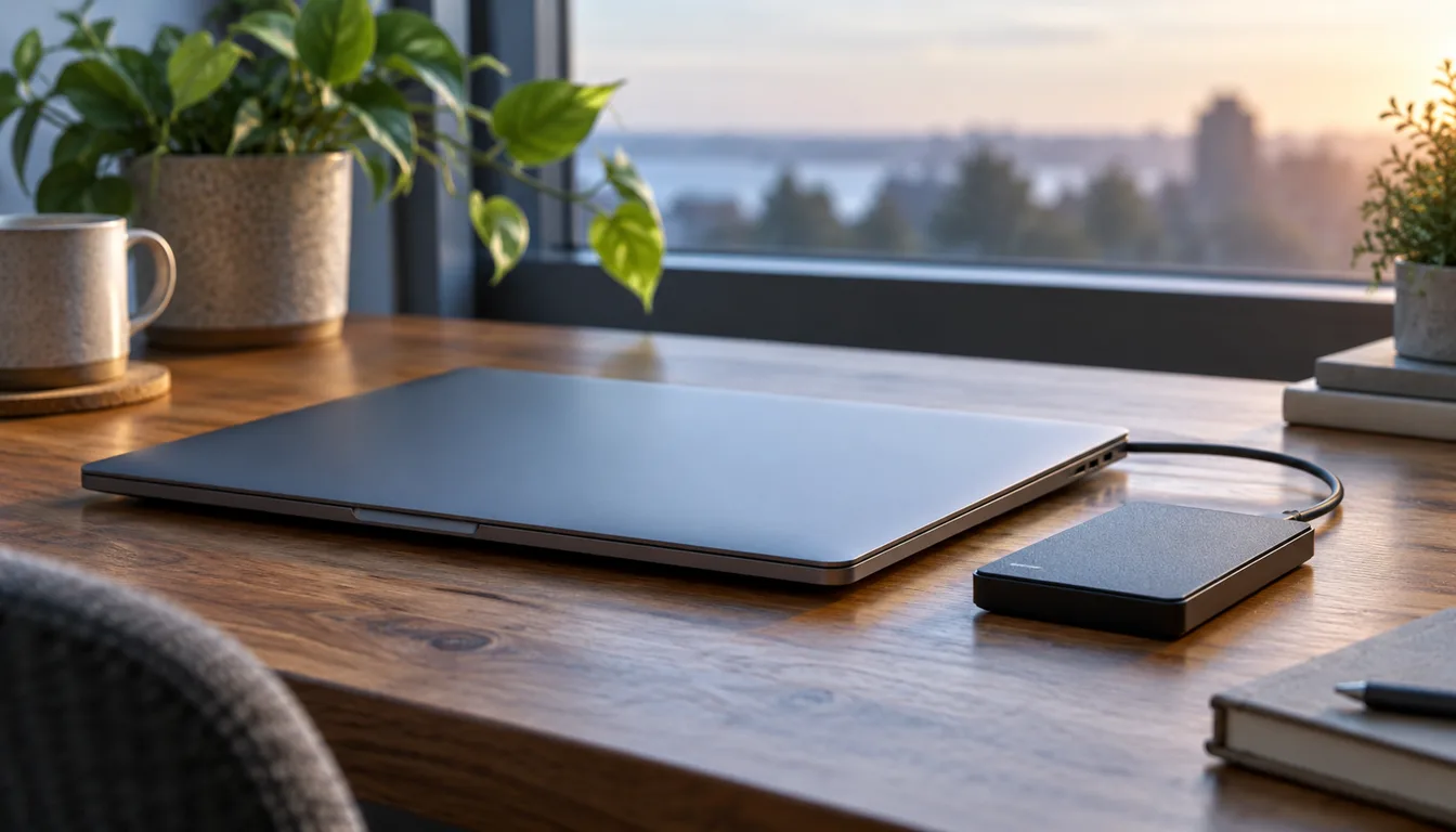 A closed laptop beside an external drive