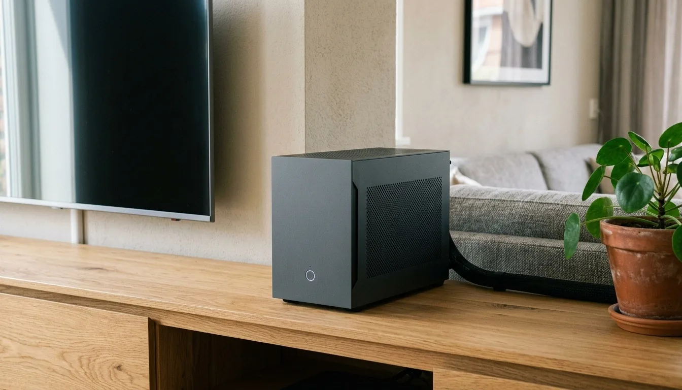 A small form factor gaming PC on a living room TV stand