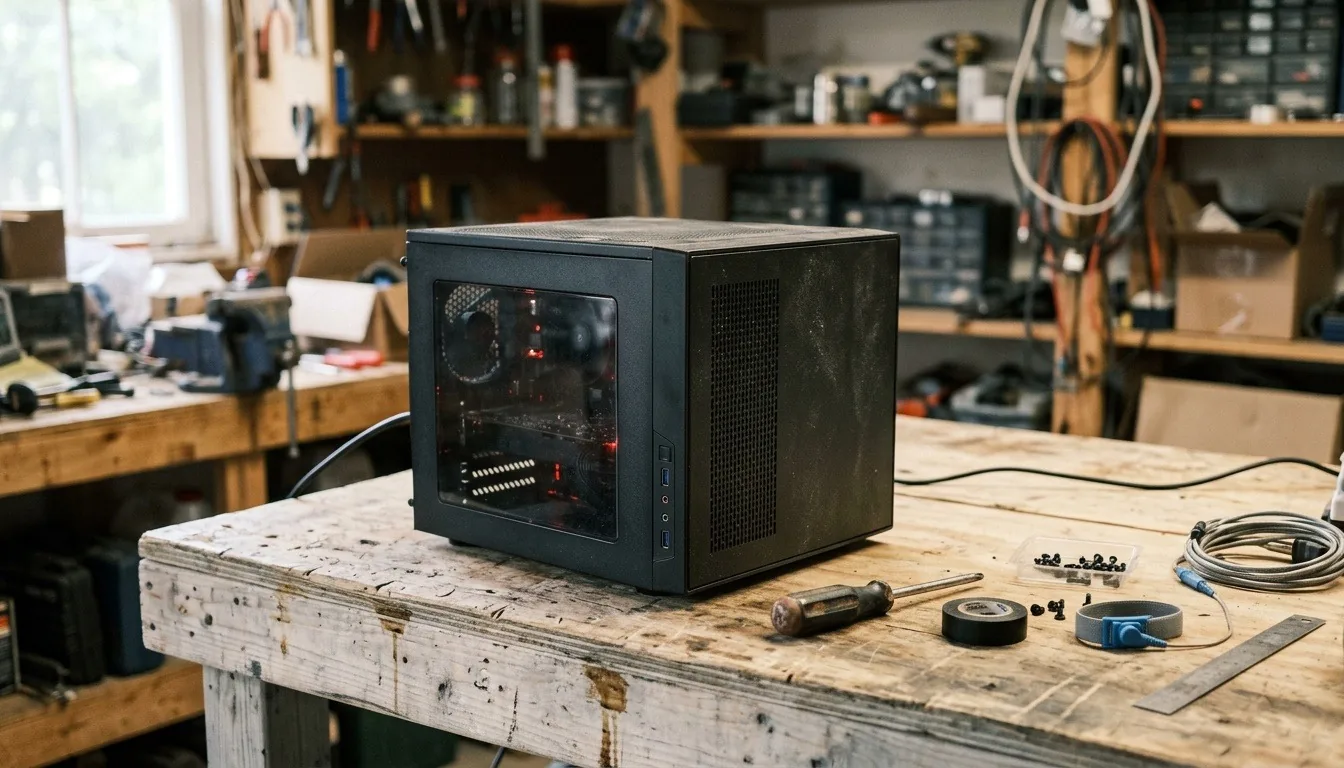 A second-hand gaming tower on a cluttered garage workbench