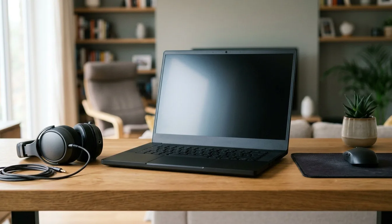 A gaming laptop on a desk with headphones and a mouse